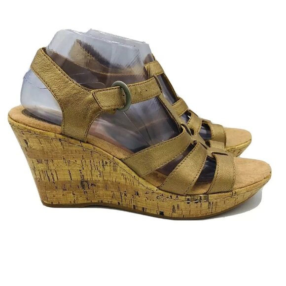 BOC Sandals Womens Size 10 Gold Born Concept Leather Buckle Cork Wedge Shoes - Picture 1 of 13